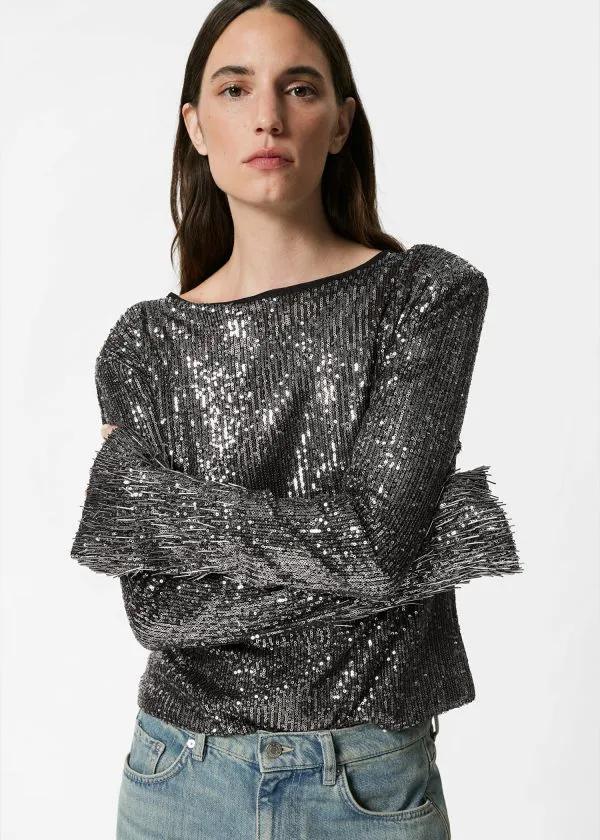 and Other Stories FlaredSleeve Sequin Top Grey Metallic Women Sets and Suits