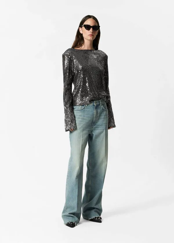 and Other Stories FlaredSleeve Sequin Top Grey Metallic Women Sets and Suits