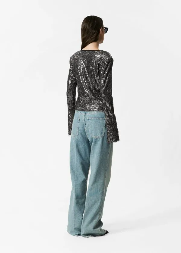 and Other Stories FlaredSleeve Sequin Top Grey Metallic Women Sets and Suits
