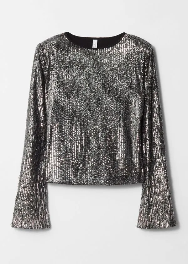 and Other Stories FlaredSleeve Sequin Top Grey Metallic Women Sets and Suits