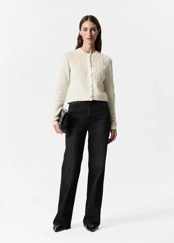 and Other Stories FloralAppliqu Knit Cardigan Ivory Women Knitwear