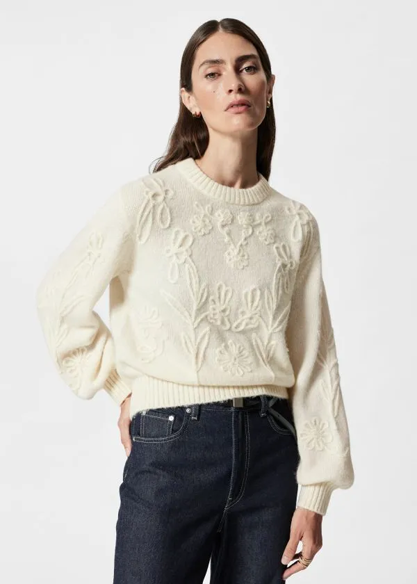 and Other Stories FloralAppliqu Knit Jumper Cream Women Knitwear