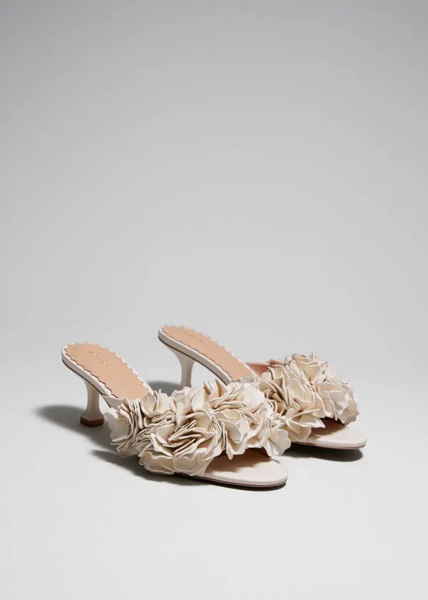 and Other Stories Floral Appliqu Leather Mules Cream Women Sandals