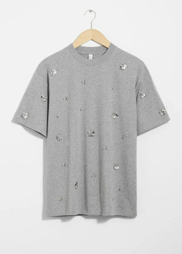 and Other Stories FloralAppliqu TShirt Grey Melange Women Tops and Tshirts