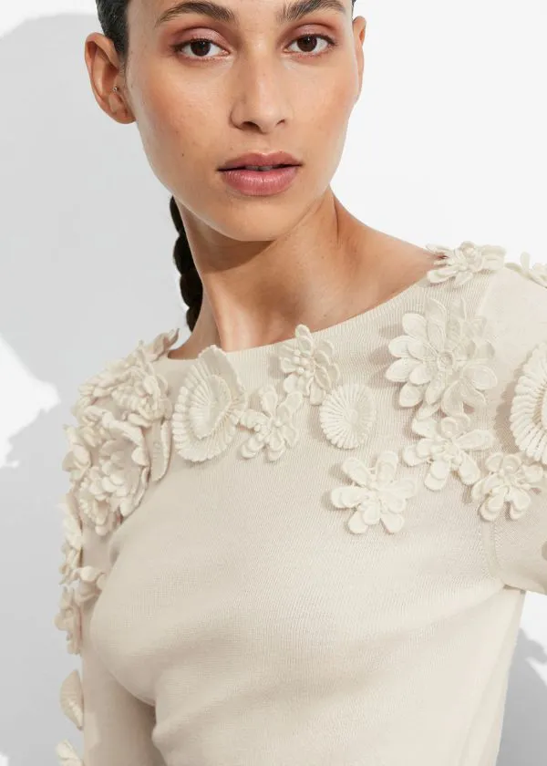 and Other Stories FloralAppliqu Wool Top Cream Women Knitwear
