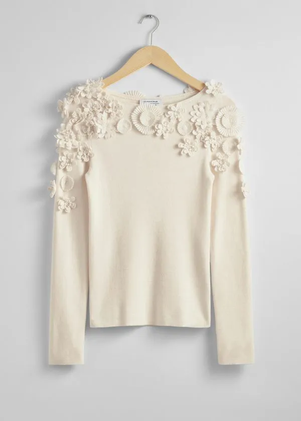 and Other Stories FloralAppliqu Wool Top Cream Women Knitwear and Other Stories FloralAppliqu Wool Top Cream Women Knitwear