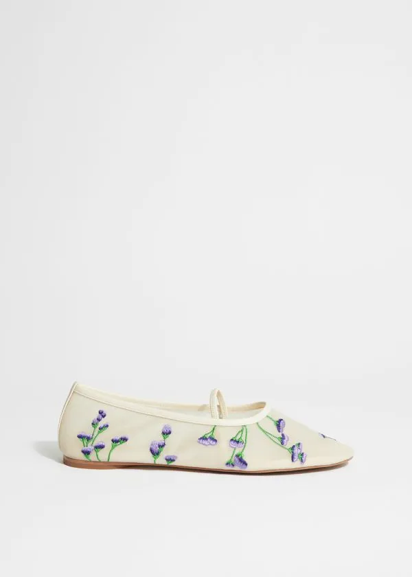 and Other Stories FloralEmbroidered Ballet Flats Dusty White Women Ballerinas