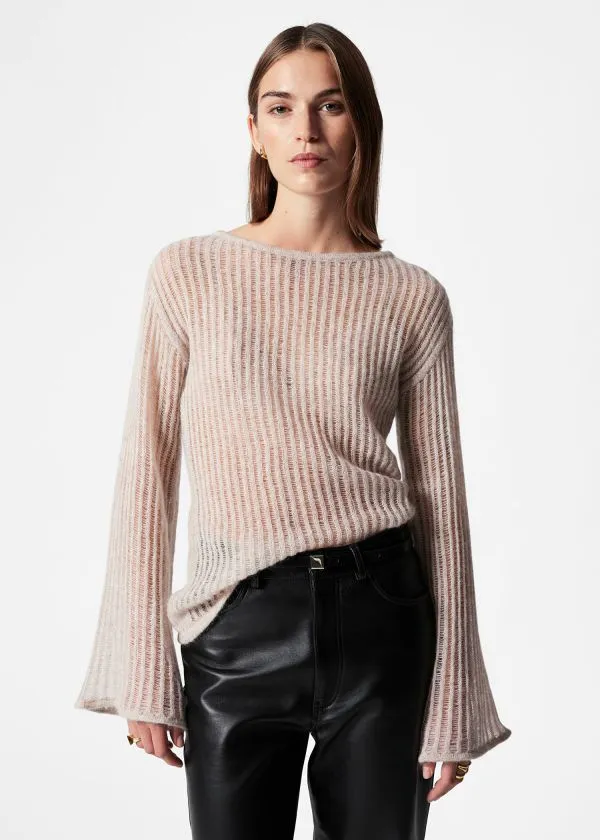 and Other Stories FlutedTrim RibbedKnit Top Beige Women Knitwear