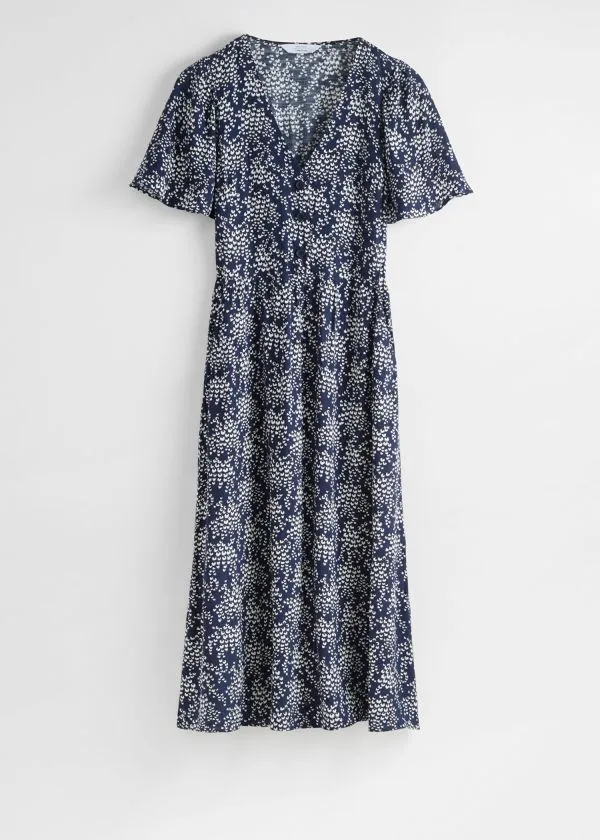 and Other Stories FlutterSleeve Midi Dress Navy Print Women Dresses