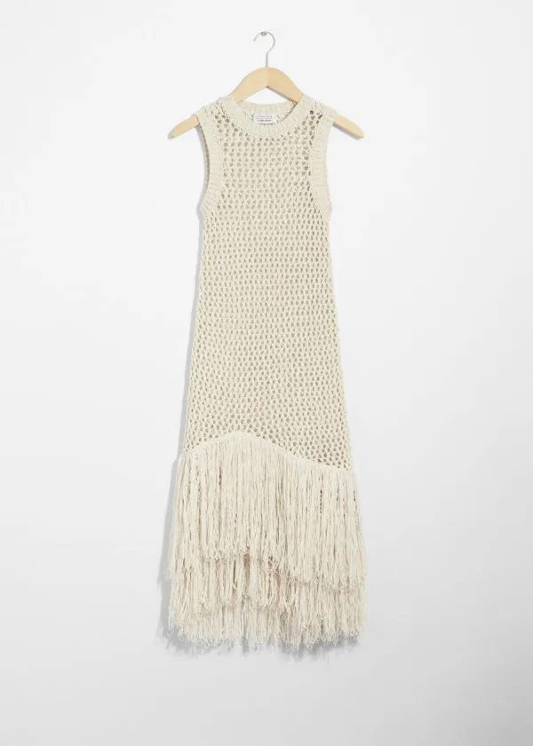 and Other Stories Fringed Crochet Midi Dress White Women Dresses