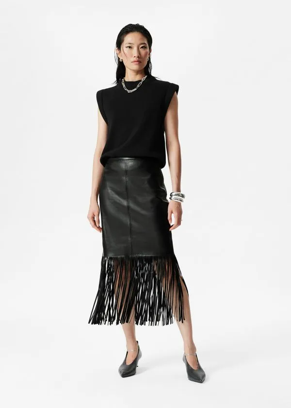 and Other Stories Fringed Leather Midi Skirt Black Women Skirts