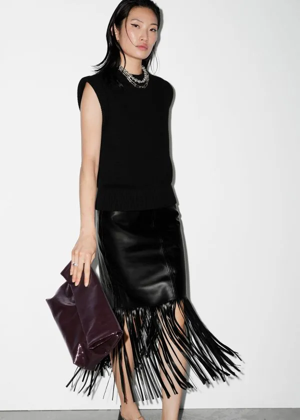 and Other Stories Fringed Leather Midi Skirt Black Women Skirts