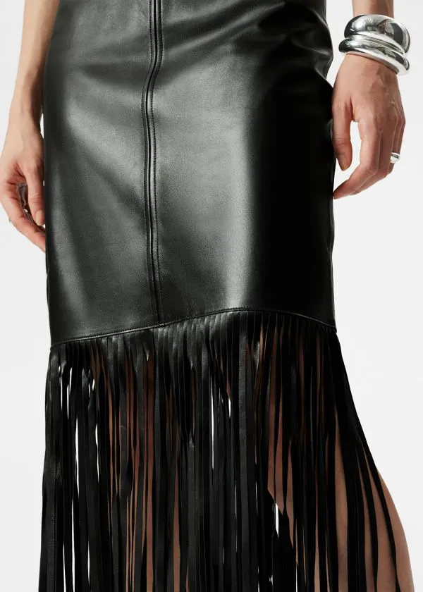 and Other Stories Fringed Leather Midi Skirt Black Women Skirts