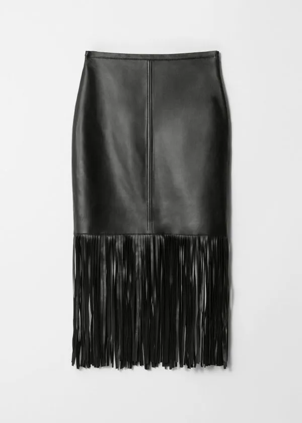 and Other Stories Fringed Leather Midi Skirt Black Women Skirts