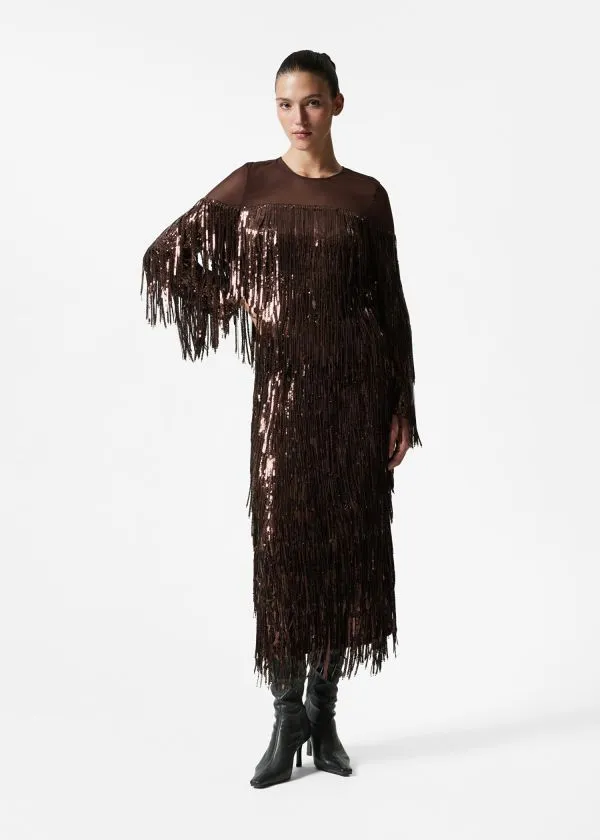 and Other Stories Fringed Sequin Midi Skirt Brown Women Sets and Suits