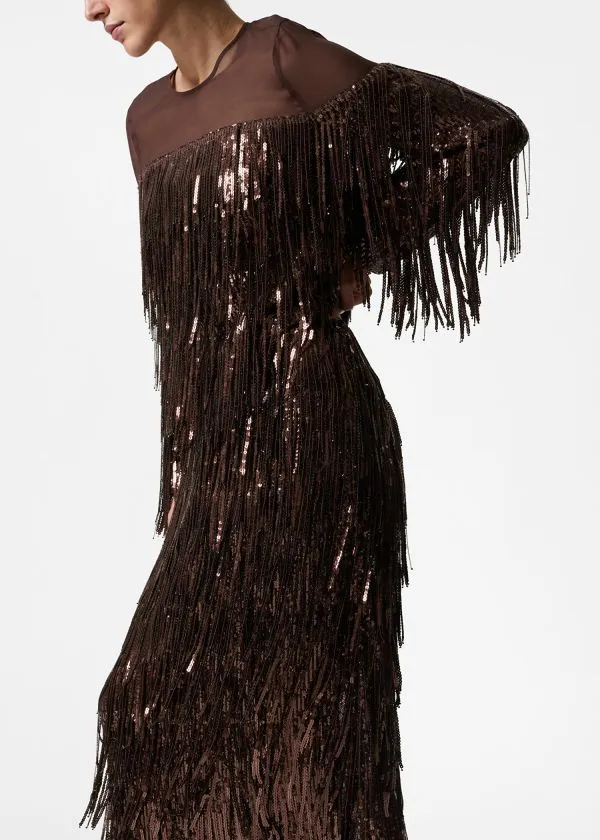and Other Stories Fringed Sequin Midi Skirt Brown Women Sets and Suits