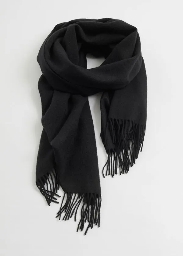 and Other Stories Fringed Wool Blanket Scarf Black Women Scarves