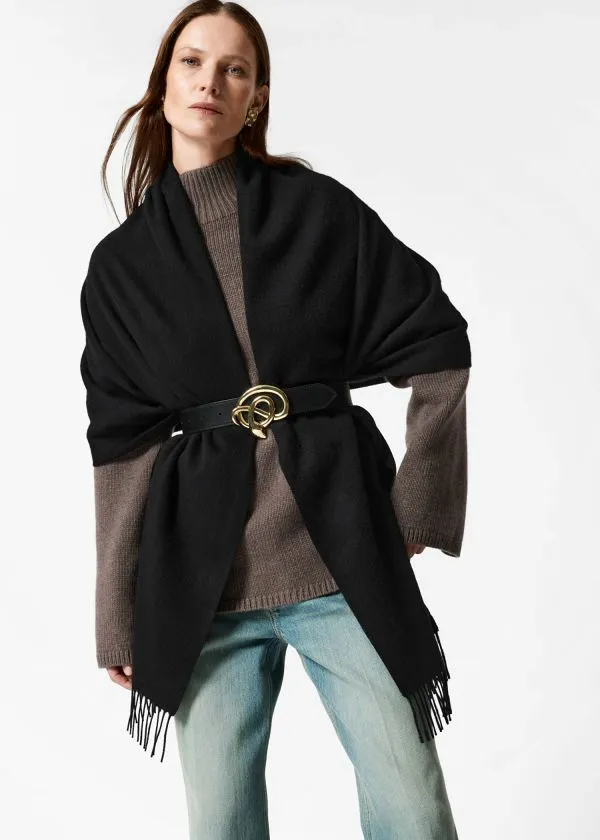 and Other Stories Fringed Wool Blanket Scarf Black Women Scarves