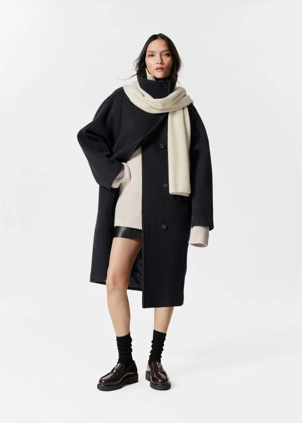 and Other Stories FunnelNeck Wool Coat Dark Blue Women Jackets and Coats