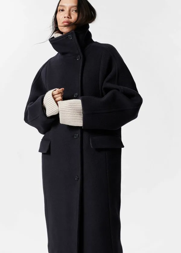 and Other Stories FunnelNeck Wool Coat Dark Blue Women Jackets and Coats