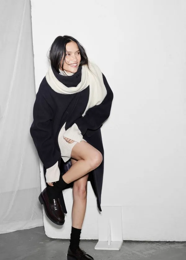 and Other Stories FunnelNeck Wool Coat Dark Blue Women Jackets and Coats