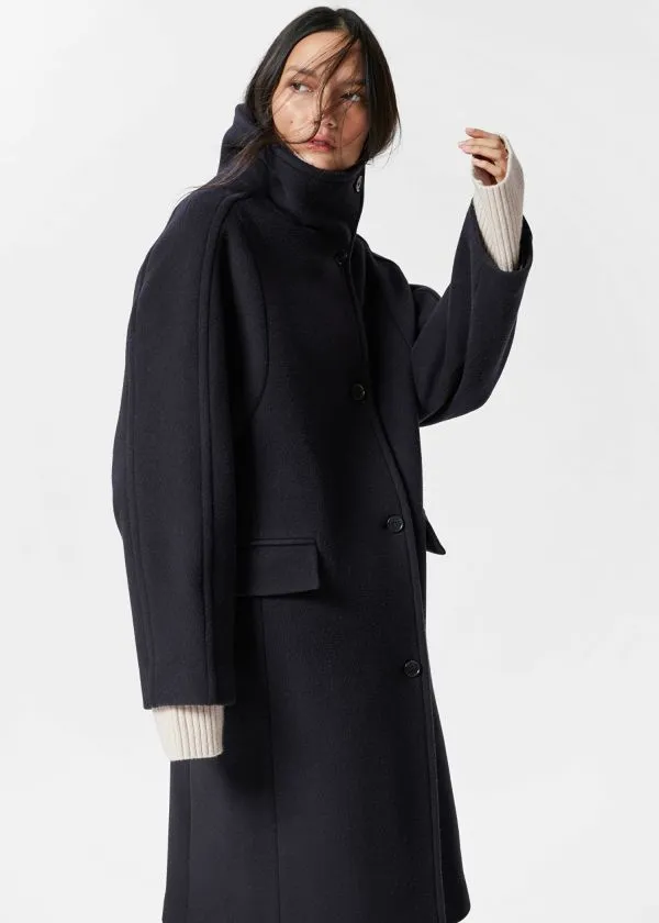 and Other Stories FunnelNeck Wool Coat Dark Blue Women Jackets and Coats