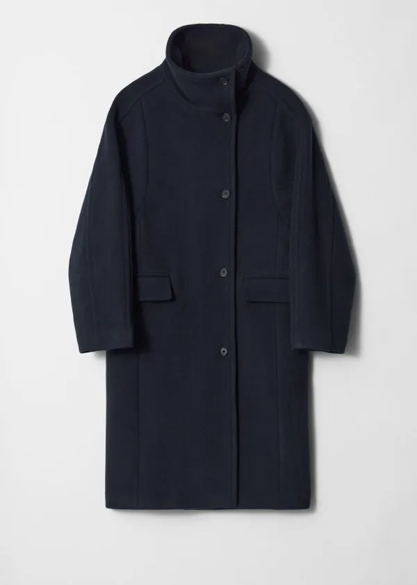 and Other Stories FunnelNeck Wool Coat Dark Blue Women Jackets and Coats