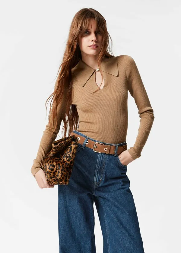 and Other Stories Keyhole Collar Top Brown Women Knitwear