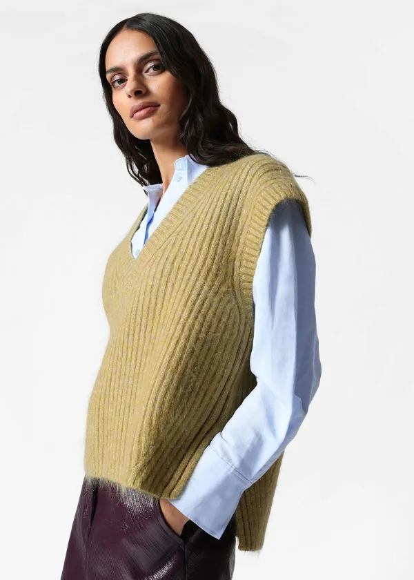 and Other Stories Knitted MohairBlend VNeck Vest Khaki Green Women Knitwear