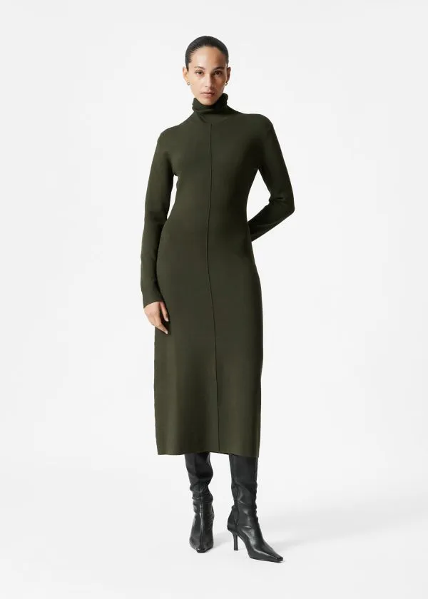 and Other Stories Knitted RollNeck Midi Dress Dark Green Women Dresses