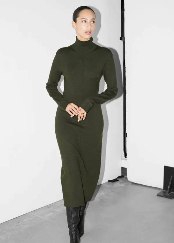 and Other Stories Knitted RollNeck Midi Dress Dark Green Women Dresses