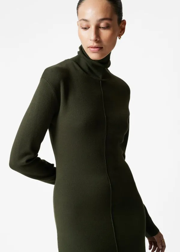 and Other Stories Knitted RollNeck Midi Dress Dark Green Women Dresses