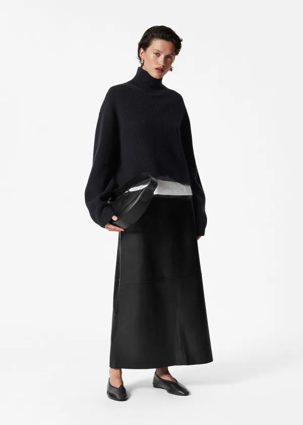 and Other Stories Leather Midi Skirt Black Women Skirts
