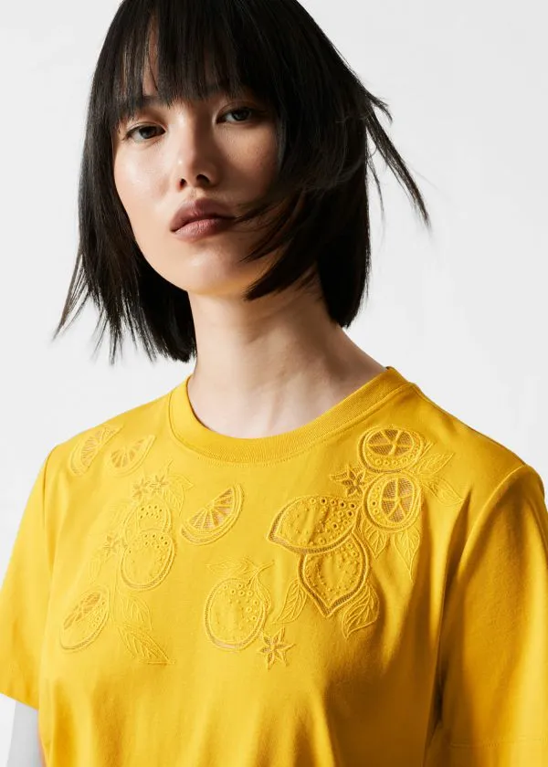 and Other Stories Lemon Embroidery TShirt Yellow Women Tops and Tshirts
