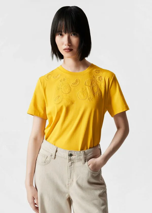 and Other Stories Lemon Embroidery TShirt Yellow Women Tops and Tshirts
