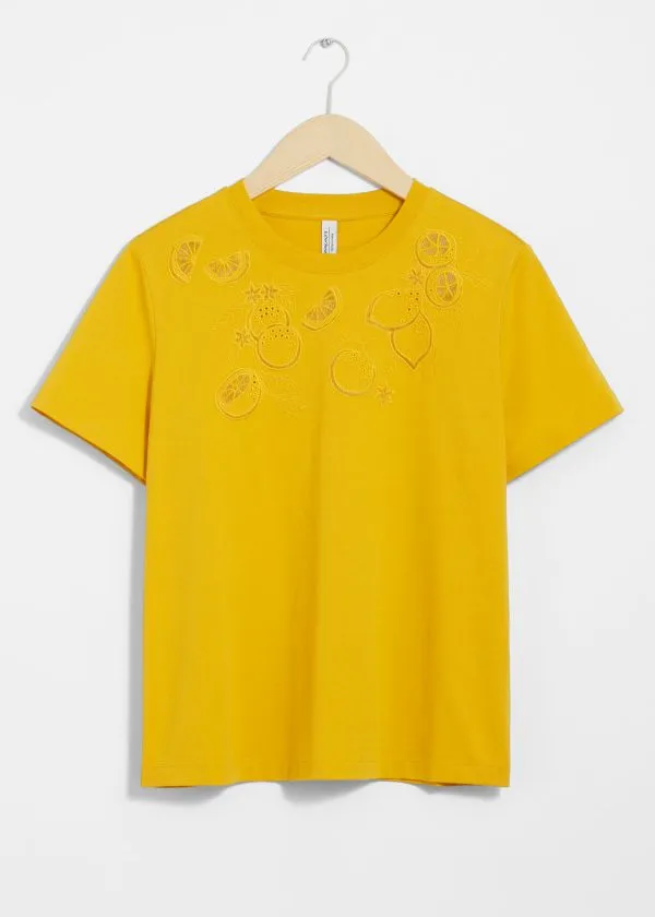 and Other Stories Lemon Embroidery TShirt Yellow Women Tops and Tshirts