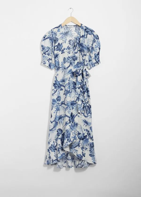 and Other Stories Linen Wrap Midi Dress Blue Florals Women Dresses