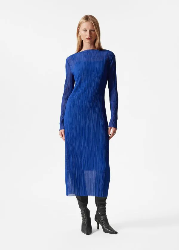 and Other Stories Midi Mock Neck Mesh Dress Blue Women Dresses