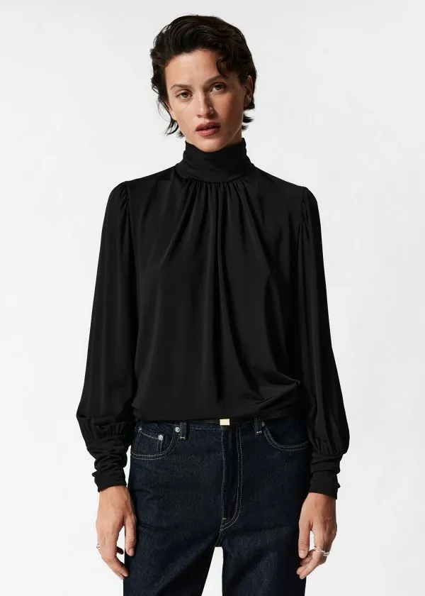 and Other Stories Mock Neck Blouse Black Women Blouses and Shirts