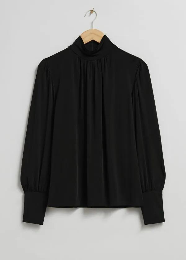 and Other Stories Mock Neck Blouse Black Women Blouses and Shirts