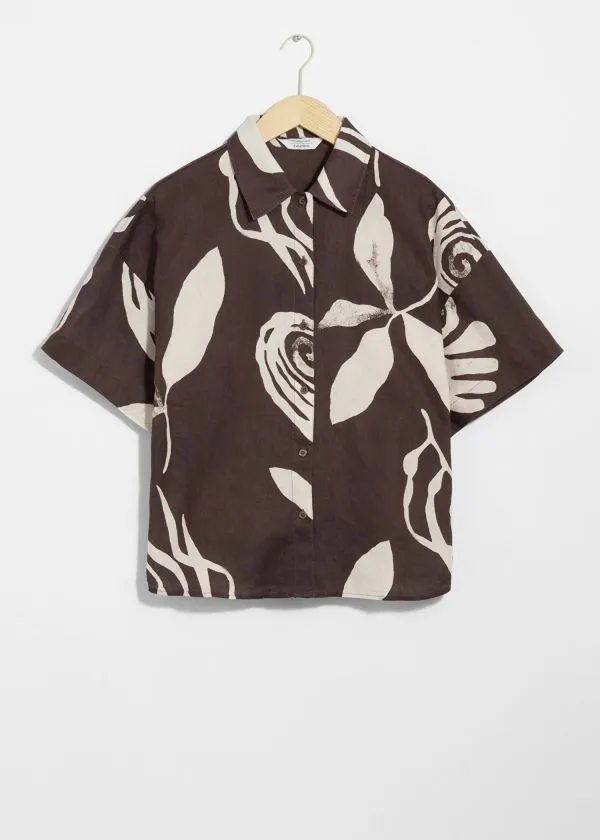and Other Stories Oversized Linen Shirt Brown Print Women Blouses and Shirts