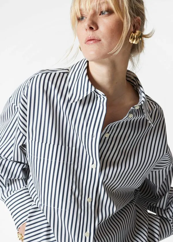 and Other Stories Oversized Shirt Navy Stripes Women Blouses and Shirts