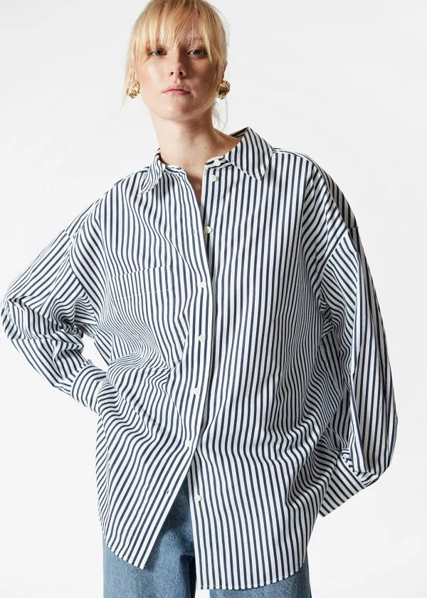 and Other Stories Oversized Shirt Navy Stripes Women Blouses and Shirts