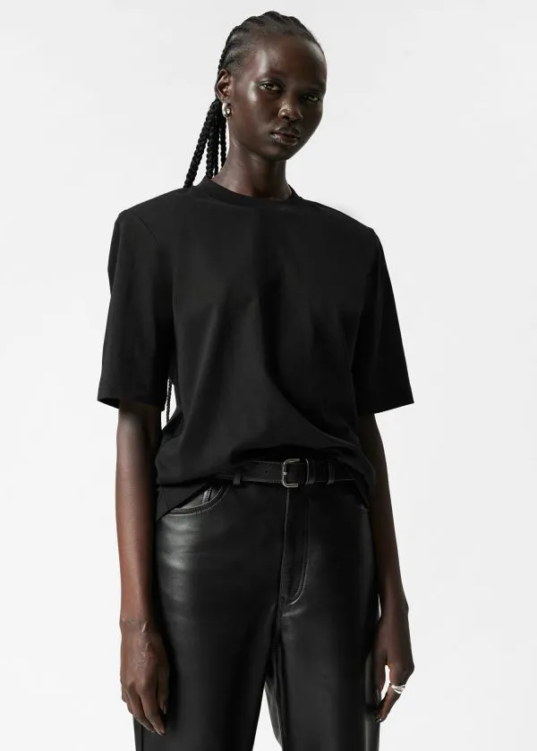 and Other Stories PaddedShoulder Cotton TShirt Black Women Tops and Tshirts