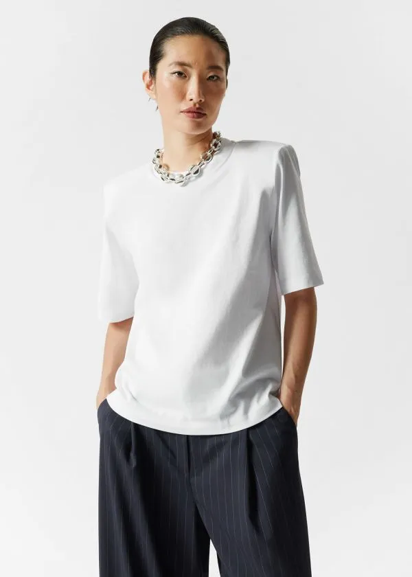 and Other Stories PaddedShoulder Cotton TShirt White Women Tops and Tshirts