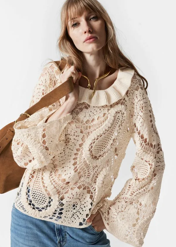 and Other Stories PaisleyCrochet Blouse Beige Women Tops and Tshirts
