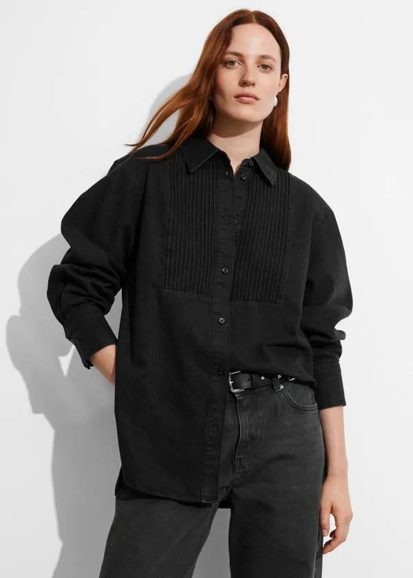 and Other Stories Pleated Denim Shirt Black Women Blouses and Shirts