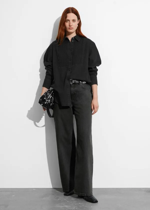 and Other Stories Pleated Denim Shirt Black Women Blouses and Shirts