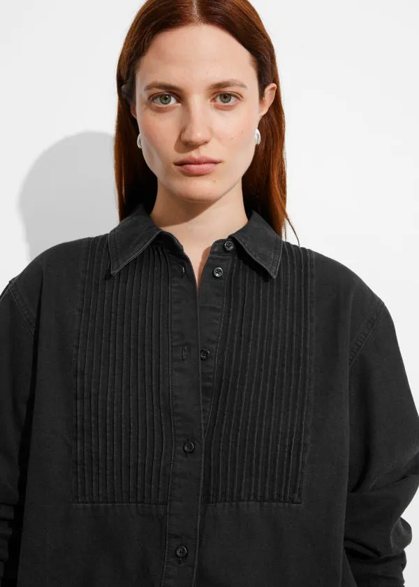and Other Stories Pleated Denim Shirt Black Women Blouses and Shirts