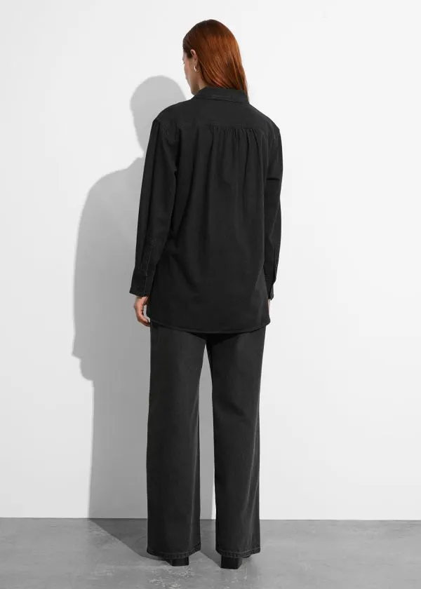 and Other Stories Pleated Denim Shirt Black Women Blouses and Shirts